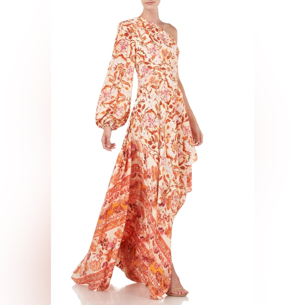 AMUR One Shoulder Piper Dress in Orange Maxi with Subtle Slit 100% Silk size 12